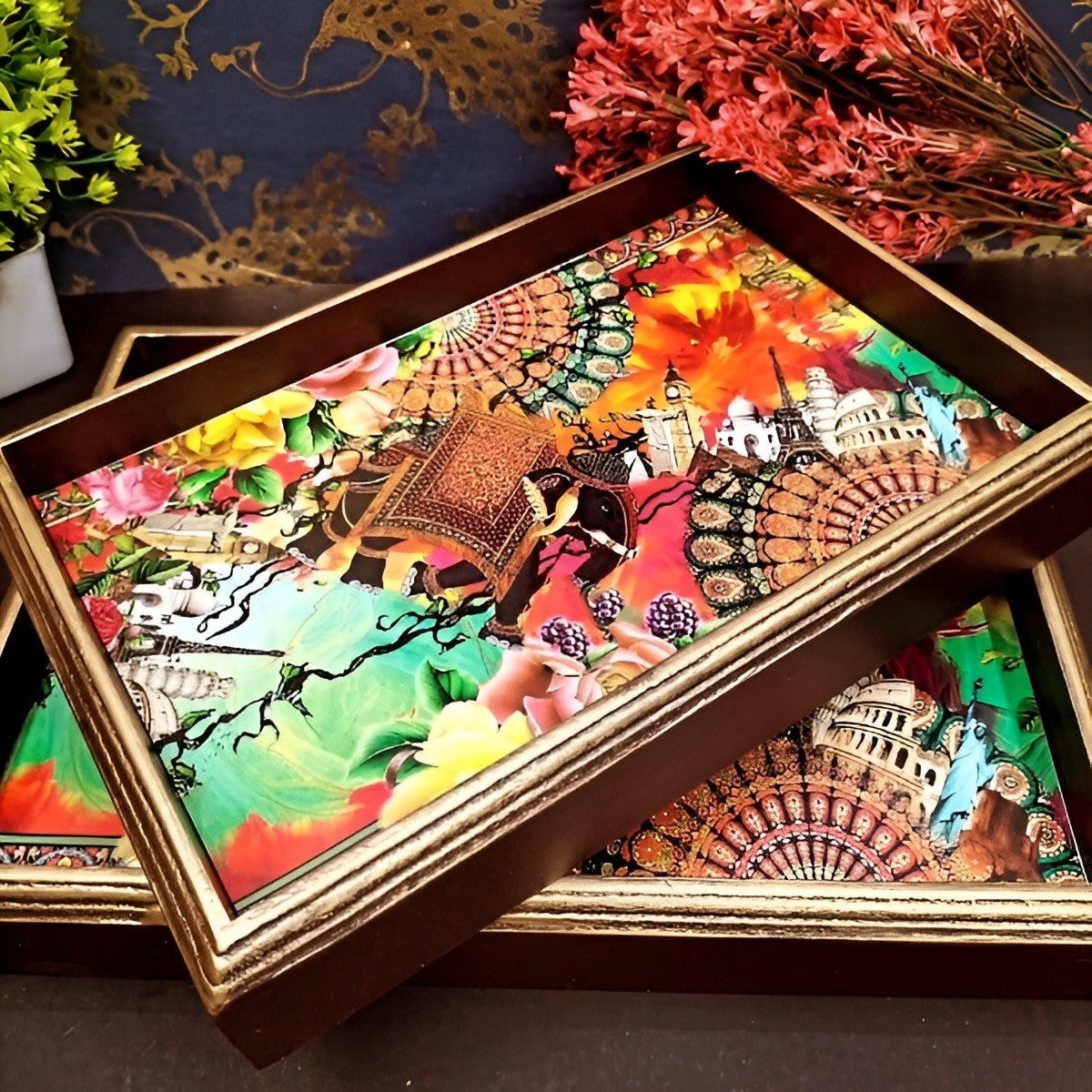 wooden set of 2 serving rectangular colorful tray for home/ office/ gift item